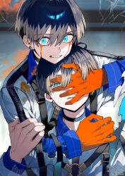 2boys absurdres blood bloody_tears blue_eyes brown_hair colored_skin commentary_request covering_another&#039;s_eyes dual_persona guest_art hand_on_another&#039;s_face hand_on_own_chest highres kayano_mikoto long_sleeves looking_at_viewer male_focus milgram multiple_boys restraints sakusya2honda short_hair silk spider_web straitjacket torn_clothes upper_body