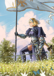 1girl 3ric-artz absurdres armor banner blonde_hair blue_eyes breastplate bug butterfly fate/grand_order fate_(series) field flag gauntlets greaves highres holding holding_sword holding_weapon insect jeanne_d&#039;arc long_hair pauldrons shoulder_armor solo sword weapon