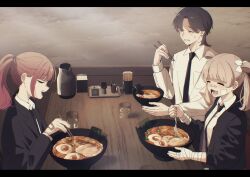 1boy 2girls :d ^_^ azumaya_haruka bandaged_arm bandaged_hand bandages bandaid bandaid_on_face bandaid_on_nose black_jacket black_necktie blush breasts brown_hair chopsticks closed_eyes collared_shirt commentary_request cup drinking_glass ear_piercing eating food fork highres holding holding_chopsticks holding_fork indoors jacket kogure_ruka long_hair long_sleeves multiple_girls necktie noodles open_clothes open_jacket open_mouth piercing ponytail profile puffy_long_sleeves puffy_sleeves ramen sakura_no_sekai shirt small_breasts smile tsuruse twintails upper_body utsumi_sakura white_shirt