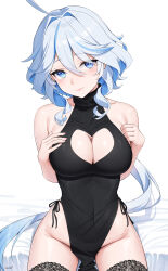 1girl absurdres ahoge artist_name bare_shoulders black_dress black_thighhighs blue_eyes blue_hair blush breasts cleavage cleavage_cutout closed_mouth clothing_cutout collarbone covered_navel dress furina_(genshin_impact) genshin_impact groin hands_on_own_chest head_tilt highres lace lace_thighhighs large_breasts long_hair looking_at_viewer multicolored_hair no_panties pelvic_curtain rosumerii signature simple_background sitting sleeveless sleeveless_dress smile solo symbol-shaped_pupils thighhighs two-tone_hair very_long_hair white_background white_hair