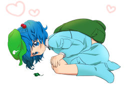 1girl backpack bad_id bad_pixiv_id bag blue_eyes blue_hair boots clover female_focus four-leaf_clover hair_bobbles hair_ornament hat heart ica kawashiro_nitori matching_hair/eyes short_hair solo touhou two_side_up