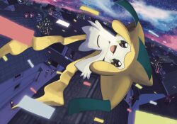 6+others :d architecture black_eyes colored_skin commentary creatures_(company) east_asian_architecture floating full_body game_freak gen_2_pokemon gen_3_pokemon highres hoothoot jirachi legendary_pokemon multiple_others mythical_pokemon night night_sky nintendo open_mouth outdoors pokemon pokemon_(creature) riotono_0643 sky smile solo_focus star_(sky) starry_sky tanzaku town umbreon white_skin