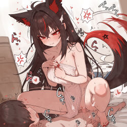 1boy 1girl age_difference ahoge anger_vein animal_ear_fluff animal_ear_piercing animal_ears black_hair breasts censored commentary completely_nude covering_privates cowgirl_position crossed_bangs dark_persona extra_ears fox_ears fox_girl fox_tail girl_on_top hair_between_eyes heart hetero highres holding holding_towel hololive kurokami_fubuki large_breasts long_hair lying miteiru_(shirakami_fubuki) mosaic_censoring nail_polish nude nude_cover on_back onee-shota paid_reward_available pentagram red_eyes red_hair red_nails sex shiroi_yoru shota sound_effects spoken_anger_vein spoken_heart squatting squatting_cowgirl_position straddling symbol-only_commentary tail toenail_polish toenails towel vaginal very_long_hair virtual_youtuber