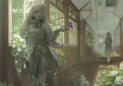 4girls bow bowtie bug butterfly butterfly_on_hand butterfly_on_head commentary_request commission flower hallway highres indoors insect light_particles long_hair mizore_akihiro multiple_girls open_mouth open_window original overgrown petrification second-party_source skeb_commission skirt sunlight vest white_flower window window_shadow wooden_floor