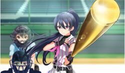 3girls baseball baseball_bat baseball_stadium baseball_uniform belt belt_buckle belt_pouch black_belt black_gloves black_hair black_pouch black_undershirt blue_shirt blurry buckle catcher&#039;s_mask catcher_(baseball) cinderella_series closed_mouth depth_of_field fingerless_gloves game_cg glint gloves hachigatsu_no_cinderella_nine hair_between_eyes high_ponytail highres holding holding_baseball_bat lens_flare long_hair metal_baseball_bat multiple_girls neckerchief non-web_source official_alternate_hairstyle official_art outdoors pink_neckerchief pleated_skirt ponytail pouch red_eyes satogahama_baseball_uniform shinonome_ryo shirt shirt_under_shirt short_sleeves skirt solo_focus sportswear striped_belt striped_clothes striped_shirt umpire v-shaped_eyebrows vertical-striped_clothes vertical-striped_shirt very_long_hair wristband