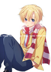 Rule 34 | 1boy, black pants, blazer, blonde hair, blue eyes, clannad, commission, hand in pocket, highres, hikarizaka private high school uniform, jacket, necktie, pants, red necktie, satomi yoshitaka, scarf, school uniform, shirt, short hair, simple background, solo, striped clothes, striped scarf, sunohara youhei, white background, white shirt, yellow jacket