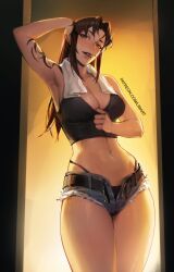 1girl absurdres arm_tattoo armpits bare_arms bare_shoulders belt black_belt black_lagoon black_panties black_tank_top blue_shorts blush breasts brown_eyes brown_hair cleavage collarbone denim denim_shorts doorway gradient_background hand_on_own_head hand_up highres large_breasts limart long_hair looking_at_viewer mature_female midriff navel panties parted_lips patreon_logo patreon_username pink_lips revy_(black_lagoon) shorts shoulder_tattoo sidelocks signature smoke smoking solo tank_top tattoo thighs towel towel_around_neck underwear yellow_background