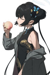 1girl absurdres armpits black_dress black_hair blue_archive breasts china_dress chinese_clothes closed_eyes double_bun dress eating food fruit grey_jacket hair_bun highres holding holding_food holding_fruit huaaa_nn jacket kisaki_(blue_archive) parted_lips peach sidelocks solo standing upper_body