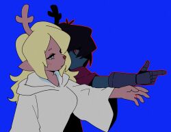 Rule 34 | 1girl, 1other, antlers, armored gloves, black hair, blonde hair, blue skin, colored skin, commentary, deer antlers, deer girl, deltarune, grey eyes, hashtag-only commentary, highres, hooded robe, horns, kris (dark world) (deltarune), kris (deltarune), long hair, noelle holiday, noelle holiday (dark world), only gnb, outline, pointing, red eyes, red outline, robe, simple background, weird route (deltarune), white robe