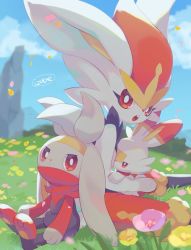 bright_pupils cinderace cloud commentary_request creatures_(company) day evolutionary_line flower game_freak gen_8_pokemon grass izobe looking_at_viewer looking_back nintendo open_mouth outdoors petals pink_flower pokemon pokemon_(creature) raboot red_eyes scorbunny signature sitting sky teeth toes tongue upper_teeth_only white_pupils yellow_flower