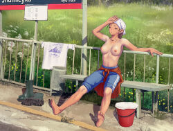 1girl armpits bandana barefoot bench blue_shorts boots breasts breasts_apart bucket closed_eyes clothes_around_waist collarbone commentary_request concrete day fence field flower flower_field full_body grass hand_on_own_forehead hand_on_railing hand_up highres hot iron_fence iskanderednaksi large_breasts linea_alba navel nipples on_bench original outdoors outstretched_legs parted_lips print_shirt red_sweater russian_commentary shadow shirt shorts sign sitting solo stomach striped_clothes striped_shorts sunlight sweater sweater_around_waist t-shirt tan tanline topless_female unworn_boots unworn_shirt white_bandana white_flower white_shirt yellow_flower zenra
