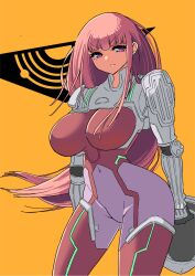 1girl bodysuit breasts closed_mouth covered_navel gloves groin helmet highres holding holding_helmet ken_marinaris large_breasts long_hair looking_at_viewer mecha_pilot_suit nickq pink_bodysuit pink_eyes pink_hair solo standing very_long_hair zone_of_the_enders