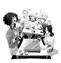 1girl 4boys afro bad_id bad_twitter_id black_hair board_game bowl broken_table brook_(one_piece) card clothes_grab commentary_request cup eyewear_on_head face_punch go_(board_game) greyscale hair_over_one_eye hand_on_own_chin hat highres holding holding_cup in_the_face jacket korean_commentary long_hair long_sleeves monochrome mulmulgogibbq multiple_boys necktie neckwear_grab nico_robin one_piece open_mouth panicking pants playing_card playing_games punching roronoa_zoro sanji_(one_piece) scar scar_across_eye scar_on_face shirt shirt_grab short_hair simple_background sitting skeleton squiggle sunglasses t-shirt table teeth tony_tony_chopper vest waistcoat white_background