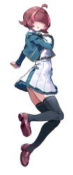 1girl :o absurdres ahoge aizawa_haru_(mekakare) aqua_jacket aqua_skirt arm_at_side belt belt_buckle black_belt black_ribbon black_thighhighs blunt_bangs blush breasts brown_hair brown_shoes buckle covered_eyes dress_shirt facing_viewer from_side fuji_den_fujiko full_body hair_over_eyes hand_on_own_chest highres jacket lapels large_breasts layered_skirt loafers long_sleeves looking_to_the_side mekakare miniskirt multicolored_hair neck_ribbon notched_lapels official_art open_clothes open_jacket pink_hair pleated_skirt ribbon school_uniform shirt shoe_soles shoes short_hair simple_background skirt solo standing standing_on_one_leg streaked_hair thighhighs turtleneck turtleneck_shirt white_shirt white_skirt