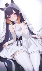 Rule 34 | 1girl, absurdres, alternate costume, blue eyes, blunt bangs, blush, bow, center-flap bangs, commentary, detached sleeves, dress, english commentary, flat chest, gradient hair, highres, hololive, hololive english, koahri, lace, lace-trimmed dress, lace trim, long hair, looking at viewer, mole, mole under eye, multicolored hair, ninomae ina&#039;nis, open mouth, orange hair, pointy ears, purple hair, see-through clothes, see-through veil, short dress, sidelocks, simple background, skirt hold, sleeveless, sleeveless dress, solo, straight hair, takodachi (ninomae ina&#039;nis), tentacle hair, veil, very long hair, virtual youtuber, waist bow, wedding dress, white background, white dress, white veil