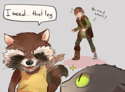 3boys ^^^ animal_ears black_fur black_scales boots brown_footwear brown_fur dragon english_text fur-trimmed_boots fur_trim fur_vest furry furry_male green_eyes green_pants green_shirt guardians_of_the_galaxy hiccup_horrendous_haddock_iii how_to_train_your_dragon_(series) kadeart looking_at_another male_focus marvel marvel_cinematic_universe multicolored_fur multiple_boys orange_tank_top pants pointing pointing_at_another prosthesis prosthetic_leg raccoon_boy raccoon_ears raccoon_tail rocket_raccoon shirt slit_pupils sparkle speech_bubble tail tank_top toothless white_fur
