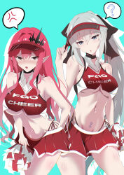 2girls absurdres baobhan_sith_(fate) bare_shoulders blue_eyes blush breasts cheerleader fate/grand_order fate_(series) highres ice_choco_maker large_breasts long_hair morgan_le_fay_(fate) multiple_girls navel open_mouth pink_hair pointy_ears pom_pom_(cheerleading) ponytail red_skirt sidelocks skirt visor_cap white_hair