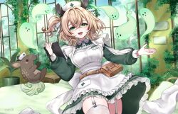absurdres apron breasts brown_hair cowboy_shot dress garter_straps green_dress green_eyes hat highres indie_virtual_youtuber large_breasts nimi_nightmare nurse_cap rabio_(labi555) short_hair solo_focus thighhighs virtual_youtuber white_apron white_thighhighs