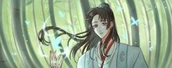 1boy bamboo bamboo_forest brown_hair bug butterfly chinese_clothes commentary_request day floating_hair flower_knot forest hair_bun hair_ribbon hand_up hanfu insect kohanai_setsuna light_particles long_hair male_focus marking_on_cheek nature nikki_(series) outdoors qin_yi ribbon shining_nikki single_hair_bun solo upper_body white_hanfu white_ribbon