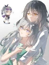 Rule 34 | !, !!, 3girls, aqua shirt, blowing bubble gum, blush, cellphone, chewing gum, eyewear on head, firefly (honkai: star rail), flying sweatdrops, gradient hair, green pupils, grey hair, hair between eyes, hair intakes, halter shirt, halterneck, highres, holding, holding phone, honkai: star rail, honkai (series), long hair, long sleeves, minutes (minutes draw), multicolored eyes, multicolored hair, multiple girls, open mouth, orange eyes, phone, ponytail, purple eyes, shirt, shorts, silver wolf (honkai: star rail), simple background, smartphone, stelle (honkai: star rail), tinted eyewear, trailblazer (honkai: star rail), white background, white shirt, white sleeves