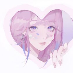 alternate_hairstyle blue_hair close-up earrings face_jewel gem genshin_impact heart highres hole_in_wall jewelry looking_at_viewer multicolored_hair pearl_(gemstone) pink_hair pink_nails sangonomiya_kokomi seashell shell simple_background sumi_(suumiko_) two-tone_hair