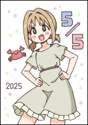 1girl blush_stickers brown_hair c: crab dated dress fang green_eyes hands_on_own_hips happy_birthday nekotoufu official_art oka_asahi onii-chan_wa_oshimai! open_mouth short_hair short_sleeves smile solo