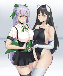 2girls absurdres asymmetrical_docking bare_shoulders black_gloves black_legwear black_leotard black_skirt blue_eyes blush breast_pocket breast_press breasts closed_mouth collared_shirt console_war damobelmont dress_shirt elbow_gloves frilled_skirt frills game_console gloves green_eyes green_ribbon hair_between_eyes hair_ribbon heart_hands_failure high-waist_skirt highleg highleg_leotard highres large_breasts leotard long_hair looking_at_viewer miniskirt multiple_girls parted_bangs partially_fingerless_gloves personification playstation_5 pocket ponytail product_girl ps5_chan puffy_short_sleeves puffy_sleeves ribbon shirt short_sleeves silver_hair skindentation skirt smile strapless strapless_leotard suspender_skirt suspenders thighhighs thumbs_up very_long_hair white_legwear white_shirt xbox_series_x xbox_series_x_(personification) zettai_ryouiki