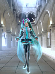 00s 1girl 3d between_breasts breasts green_hair hatsune_miku incise_soul looking_at_viewer m-rs necktie necktie_between_breasts standing thighhighs twintails vocaloid