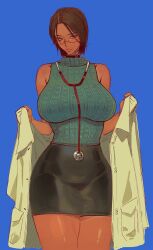 1girl a_tai bare_shoulders black_hair black_skirt breasts brown_hair coat dark-skinned_female dark_skin doctor glasses highres holding impossible_clothes impossible_sweater inran_shinsatsushitsu lab_coat large_breasts leather leather_skirt lips looking_at_viewer mature_female miniskirt short_hair skirt sleeveless sleeveless_sweater smile solo stethoscope sugimoto_shouko sweater umemaro_3d white_coat