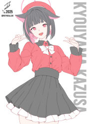 1girl :d absurdres alternate_costume animal_ears beret black_hair black_skirt blue_archive blunt_bangs blunt_ends bob_cut bow bowtie bright_pupils buttons cat_ears cat_girl character_name collared_shirt colored_inner_animal_ears colored_inner_hair commentary cowboy_shot double_v extra_ears frilled_skirt frills hair_behind_ear hair_intakes halo hands_up happy hat high-waist_skirt highres kazusa_(blue_archive) long_sleeves looking_at_viewer multicolored_hair open_mouth pink_hair pink_halo pleated_skirt realen red_eyes red_hat red_shirt shirt short_hair signature simple_background skirt smile solo straight_hair twitter_username two-tone_hair v white_background white_bow white_bowtie