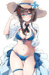 1girl bikini blue_bikini blue_eyes blush braid breasts brown_hair brown_hat cleavage cowboy_shot dairyo3 flower front-tie_bikini_top front-tie_top hair_between_eyes hair_flaps hair_over_shoulder hat hat_flower highres kantai_collection long_hair medium_breasts official_alternate_costume open_clothes open_shirt shigure_(kancolle) shigure_kai_san_(kancolle) shigure_kai_san_(swimsuit)_(kancolle) single_braid solo straw_hat sun_hat swimsuit thigh_strap