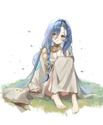 1girl 37_(reverse:1999) absurdres ancient_greek_clothes arm_support barefoot blue_eyes blue_hair full_body gold_choker greco-roman_clothes highres knees_to_chest looking_to_the_side on_grass or30_0 parted_lips reverse:1999 single_bare_shoulder sitting solo triangle_mouth white_background