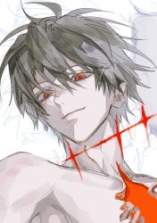 Rule 34 | 1boy, closed mouth, collarbone, commentary request, diamond (shape), eyelashes, gangmina777, grey hair, highres, korean commentary, looking at viewer, male focus, nagisa kaworu, neon genesis evangelion, nude, red eyes, short hair, smile, solo, white background