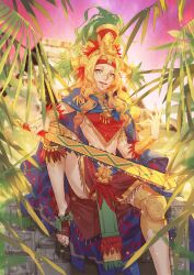1girl aztec blonde_hair fate/grand_order fate_(series) green_eyes headdress highres holding holding_weapon krab_(fumekrab) leg_up long_hair looking_at_viewer nail_polish poncho quetzalcoatl_(fate) red_skirt skirt solo toenail_polish toenails weapon