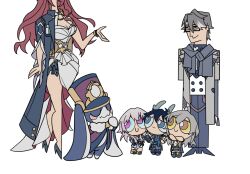 Rule 34 | 1boy, animal ears, black-framed eyewear, breasts, chinese commentary, cleavage, closed eyes, closed mouth, commentary request, dan heng (honkai: star rail), dan heng (imbibitor lunae) (honkai: star rail), dress, full body, glasses, grey hair, grey jacket, hair between eyes, highres, himeko (honkai: star rail), honkai: star rail, honkai (series), horns, jacket, long hair, long sleeves, looking at another, lop rabbit ears, march 7th (honkai: star rail), multicolored eyes, pants, parody, pink hair, pleated skirt, pom-pom (honkai: star rail), powerpuff girls, qianli73852, rabbit ears, red hair, scene reference, shirt, simple background, skirt, smile, standing, stelle (honkai: star rail), style parody, tall female, trailblazer (honkai: star rail), two-tone eyes, welt yang, white background