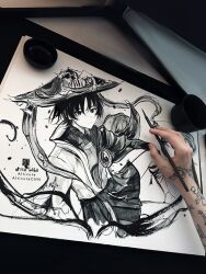 Rule 34 | 1boy, alticute, arm on knee, arms at sides, art tools in frame, artist&#039;s hand in frame, artist name, bilibili logo, blunt ends, bodysuit, bow, calligraphy brush (medium), cape, closed mouth, cropped arm, cropped legs, expressionless, feathers, gem, genshin impact, greyscale, hair between eyes, hakama, hakama shorts, hat, highres, japanese clothes, jingasa, kimono, leg warmers, looking at viewer, lying, male focus, mandarin collar, monochrome, on side, open clothes, open kimono, photo (medium), pleated shorts, pom pom (clothes), scaramouche (genshin impact), short hair, short sleeves, shorts, sketch, solo, tiktok logo, traditional media, tsurime, vision (genshin impact), wanderer (genshin impact)