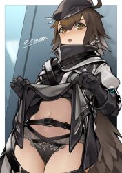 Rule 34 | 1girl, ahoge, animal ears, arknights, beret, black garter belt, black garter straps, black gloves, black panties, brown hair, clothes lift, commentary, commission, e draw paint, garter belt, garter straps, gloves, hair between eyes, hat, lace, lace-trimmed panties, lace trim, lifting own clothes, long sleeves, navel, panties, plume (arknights), skeb commission, skirt, skirt lift, solo, tail, underwear