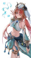 1girl absurdres blue_eyes blue_gemstone blue_skirt blush breasts circlet closed_mouth commentary crop_top deokgi_(hongdeosgi) detached_sleeves fake_horns gem genshin_impact gold_trim hand_up highres horns jewelry long_hair long_sleeves looking_at_viewer medium_breasts navel nilou_(genshin_impact) one_eye_closed puffy_long_sleeves puffy_sleeves red_hair simple_background skirt solo stomach thighlet veil very_long_hair water white_background white_veil