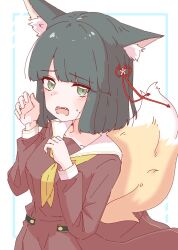 1girl animal_ear_fluff animal_ears black_hair blunt_bangs blunt_ends blush bob_cut brown_dress collarbone commentary cowboy_shot dress embarrassed fang flower flower_knot fox_ears fox_girl fox_tail green_eyes hair_flower hair_ornament highres kemonomimi_mode link!_like!_love_live! looking_at_viewer love_live! medium_dress momiji_(moj_0404) momose_ginko neckerchief nervous_sweating open_mouth pink_flower pleated_dress raised_inner_eyebrows sailor_collar sailor_dress short_hair simple_background solo sweat tail teeth upper_teeth_only virtual_youtuber white_background white_sailor_collar yellow_neckerchief