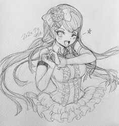 1girl ;d armlet bare_shoulders blush bow bowtie breasts center_frills collared_dress danganronpa:_trigger_happy_havoc danganronpa_(series) dated dress frills greyscale hair_bow highres idol jewelry large_breasts long_hair maizono_sayaka monochrome murasaki_(deceive138) one_eye_closed open_mouth signature smile solo star_(symbol) teeth tongue upper_teeth_only