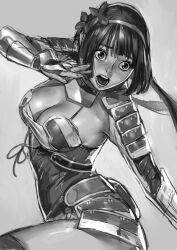1girl armor breasts character_request cleavage greyscale kunoichi_(sengoku_musou) long_hair mana30row monochrome musou_orochi open_mouth simple_background solo thighhighs white_background