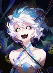 1girl absurdres black_sclera breasts cherrymaru colored_sclera colored_skin fate/grand_order fate_(series) glowing glowing_eyes highres looking_at_viewer open_mouth short_hair small_breasts smile solo van_gogh_(fate) van_gogh_(third_ascension)_(fate) white_eyes white_hair white_skin