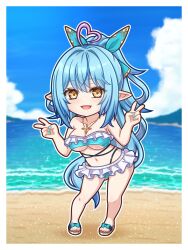 1girl ahoge beach bikini blue_bikini blue_hair blue_nails breasts chibi chibi_only collarbone eyelashes frilled_bikini frills full_body heart heart_ahoge highres hololive jewelry large_breasts long_hair looking_at_viewer miloku navel necklace ocean open_mouth outdoors pointy_ears ponytail sandals shore solo sparkle swimsuit underboob very_long_hair virtual_youtuber yellow_eyes yukihana_lamy