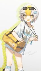 Rule 34 | 1girl, absurdres, bag, bare shoulders, blonde hair, commentary request, drop shadow, eyewear on head, feet out of frame, fish hair ornament, grey eyes, grey hair, hair ornament, highres, id card, leggings, looking at viewer, miyayoki, multicolored eyes, multicolored hair, open mouth, original, oversized clothes, oversized shirt, rectangular eyewear, sharp teeth, shirt, short sleeves, simple background, smile, solo, t-shirt, teeth, two-tone eyes, two-tone hair, upper teeth only, white background, white leggings, white shirt, yellow eyes