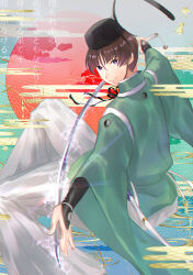1boy black_hat black_ribbon brown_hair closed_mouth egasumi hat holding holding_sword holding_weapon ishikirimaru japanese_clothes kimono kojijima long_sleeves male_focus purple_eyes red_sun ribbon short_hair sitting solo sword touken_ranbu translation_request weapon wide_sleeves