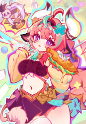 2girls ahoge animal_ears aqua_hair bell black_skirt braid breasts chibi chibi_inset chinese_commentary commentary_request cow_ears cow_girl cow_horns cow_tail cowbell cowboy_shot dark-skinned_female dark_skin food genshin_impact hairband hands_up heart highres holding holding_food horns iansan_(genshin_impact) large_breasts long_hair looking_at_viewer moehikaru multicolored_hair multiple_girls navel open_mouth pink_hair pleated_skirt pointy_ears purple_eyes skirt solo_focus standing streaked_hair taco tail thighhighs twin_braids varesa_(genshin_impact) white_hair white_horns yellow_sleeves