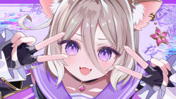 1girl absurdres animal_ear_piercing animal_ears asa_going black_gloves blush brown_hair commentary_request double_v fangs fingerless_gloves gloves highres jewelry looking_at_viewer necklace neo-porte open_mouth purple_eyes purple_sailor_collar sailor_collar solo v virtual_youtuber yozuna_niu