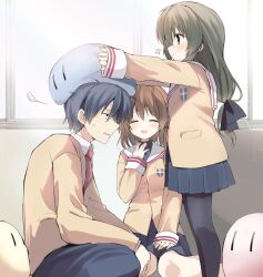 Rule 34 | 1boy, 2girls, antenna hair, black hair, blue eyes, blue hair, blush, brown eyes, brown hair, clannad, closed eyes, couple, dango daikazoku, furukawa nagisa, highres, hikarizaka private high school uniform, ibuki fuuko, long hair, long sleeves, low-tied long hair, medium hair, multiple girls, okazaki tomoya, open mouth, pantyhose, school uniform, short hair, skirt, smile, takepoison, yellow eyes