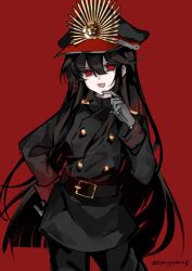 belt black_belt black_hair black_hat black_pants black_shirt crest family_crest fate/grand_order fate_(series) hat highres koha-ace long_hair military_uniform oda_nobunaga_(fate) pants red_eyes shirt twitter_username xixing_chun