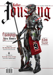 1girl akira_(manga) anti-materiel_rifle armor black_hair breastplate breasts canon_(company) chainmail character_name commentary concept_art cover english_commentary english_text fake_magazine_cover fantasy faulds female_focus full_body gauntlets grey_helmet gun helmet highres inline_skates johnson_ting jousting knight lips lipstick long_skirt magazine_cover makeup medieval mole mole_under_eye monster_energy motocross nose original pauldrons realistic rifle roller_skates shoulder_armor single_pauldron skates skirt sniper_rifle solo sponsor urban_fantasy weapon